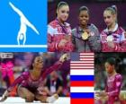 Artistik Jimnastik kadın tek tek tek tek tüm podyum, Gabrielle Douglas (ABD), Viktoria Komova ve Aliya Mustafina (Russia) - Londra 2012-